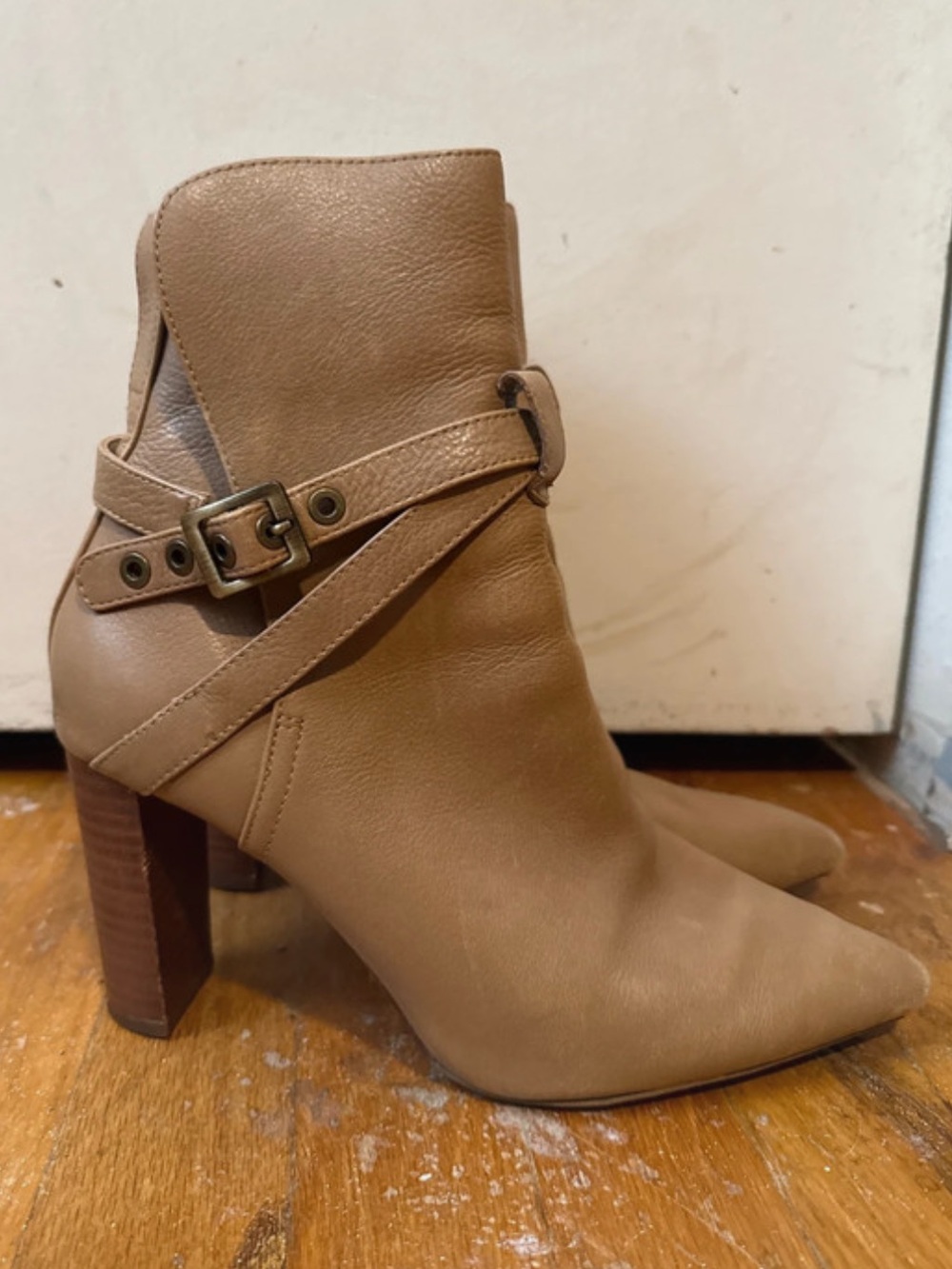 Paige Tan Leather High Heel Ankle Boot 8.5